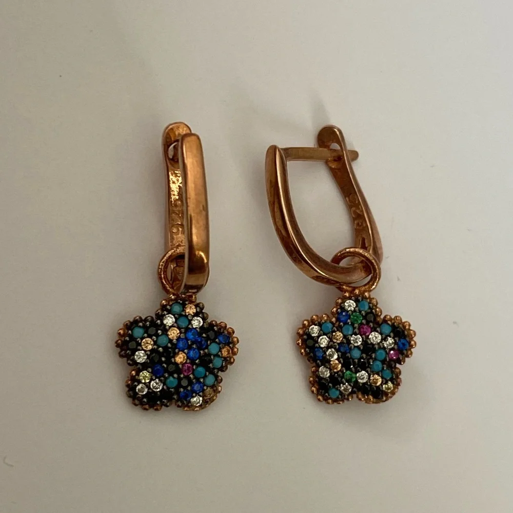 925 Silver flower earrings dangle hoop colorful cz zirconia & turquoise stones